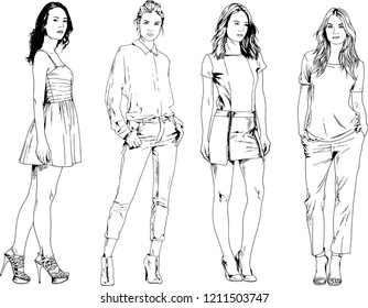 vector drawings on the theme of beautiful slim sporty girl in casual clothes in various poses painted ink hand sketch with no background