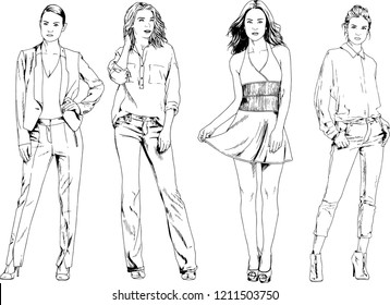 vector drawings on the theme of beautiful slim sporty girl in casual clothes in various poses painted ink hand sketch with no background