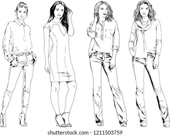 vector drawings on the theme of beautiful slim sporty girl in casual clothes in various poses painted ink hand sketch with no background