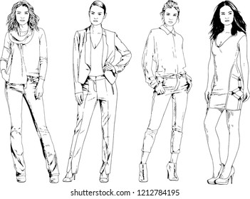 vector drawings on the theme of beautiful slim sporty girl in casual clothes in various poses painted ink hand sketch with no background