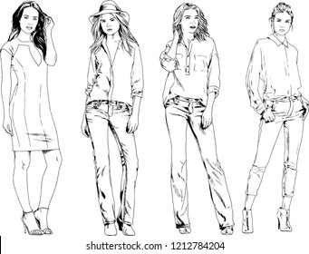 vector drawings on the theme of beautiful slim sporty girl in casual clothes in various poses painted ink hand sketch with no background