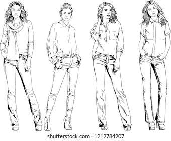 vector drawings on the theme of beautiful slim sporty girl in casual clothes in various poses painted ink hand sketch with no background