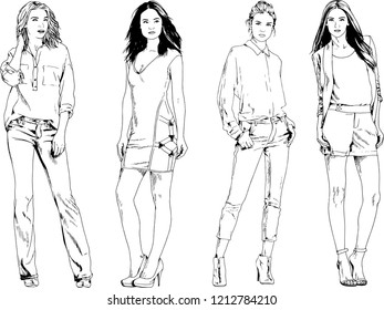 vector drawings on the theme of beautiful slim sporty girl in casual clothes in various poses painted ink hand sketch with no background