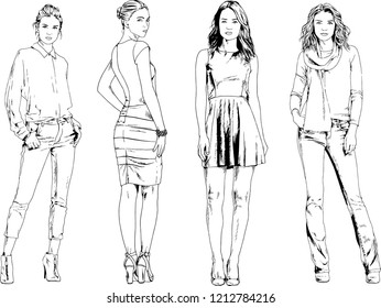 vector drawings on the theme of beautiful slim sporty girl in casual clothes in various poses painted ink hand sketch with no background