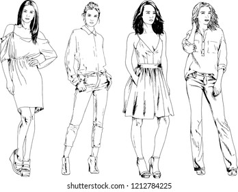 vector drawings on the theme of beautiful slim sporty girl in casual clothes in various poses painted ink hand sketch with no background