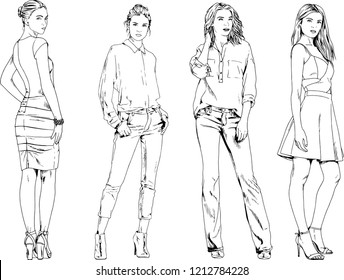 vector drawings on the theme of beautiful slim sporty girl in casual clothes in various poses painted ink hand sketch with no background