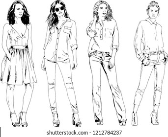 vector drawings on the theme of beautiful slim sporty girl in casual clothes in various poses painted ink hand sketch with no background