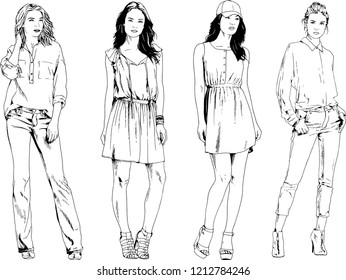 vector drawings on the theme of beautiful slim sporty girl in casual clothes in various poses painted ink hand sketch with no background