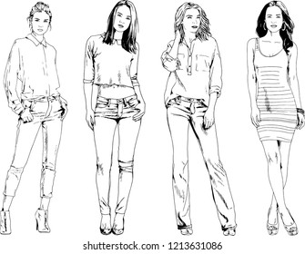 vector drawings on the theme of beautiful slim sporty girl in casual clothes in various poses painted ink hand sketch with no background