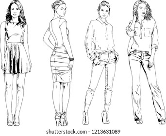 vector drawings on the theme of beautiful slim sporty girl in casual clothes in various poses painted ink hand sketch with no background