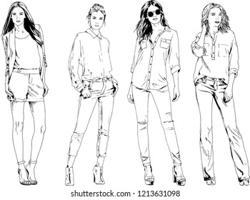 vector drawings on the theme of beautiful slim sporty girl in casual clothes in various poses painted ink hand sketch with no background