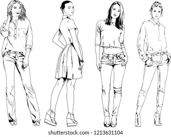 vector drawings on the theme of beautiful slim sporty girl in casual clothes in various poses painted ink hand sketch with no background