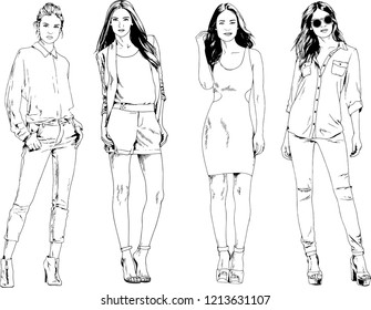 vector drawings on the theme of beautiful slim sporty girl in casual clothes in various poses painted ink hand sketch with no background