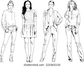 vector drawings on the theme of beautiful slim sporty girl in casual clothes in various poses painted ink hand sketch with no background