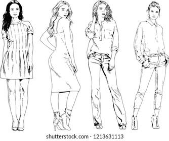 vector drawings on the theme of beautiful slim sporty girl in casual clothes in various poses painted ink hand sketch with no background