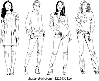 vector drawings on the theme of beautiful slim sporty girl in casual clothes in various poses painted ink hand sketch with no background