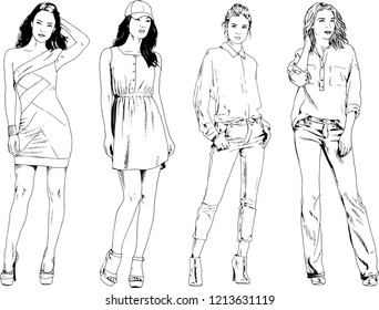 vector drawings on the theme of beautiful slim sporty girl in casual clothes in various poses painted ink hand sketch with no background