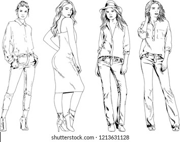vector drawings on the theme of beautiful slim sporty girl in casual clothes in various poses painted ink hand sketch with no background