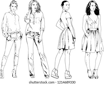 vector drawings on the theme of beautiful slim sporty girl in casual clothes in various poses painted ink hand sketch with no background