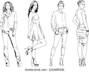 vector drawings on the theme of beautiful slim sporty girl in casual clothes in various poses painted ink hand sketch with no background