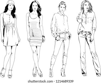 vector drawings on the theme of beautiful slim sporty girl in casual clothes in various poses painted ink hand sketch with no background