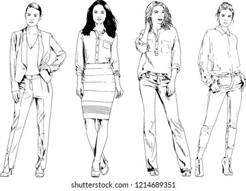 vector drawings on the theme of beautiful slim sporty girl in casual clothes in various poses painted ink hand sketch with no background