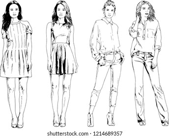 vector drawings on the theme of beautiful slim sporty girl in casual clothes in various poses painted ink hand sketch with no background