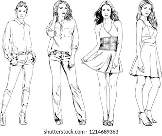 vector drawings on the theme of beautiful slim sporty girl in casual clothes in various poses painted ink hand sketch with no background