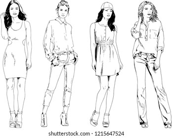 vector drawings on the theme of beautiful slim sporty girl in casual clothes in various poses painted ink hand sketch with no background