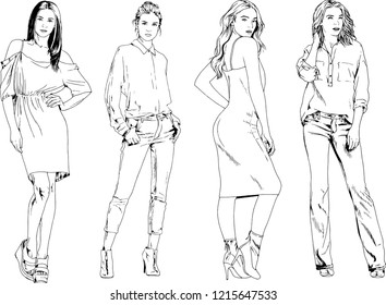 vector drawings on the theme of beautiful slim sporty girl in casual clothes in various poses painted ink hand sketch with no background