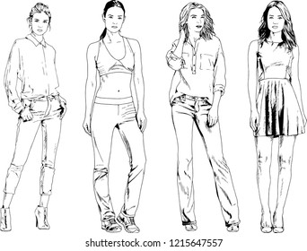 vector drawings on the theme of beautiful slim sporty girl in casual clothes in various poses painted ink hand sketch with no background