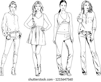 vector drawings on the theme of beautiful slim sporty girl in casual clothes in various poses painted ink hand sketch with no background