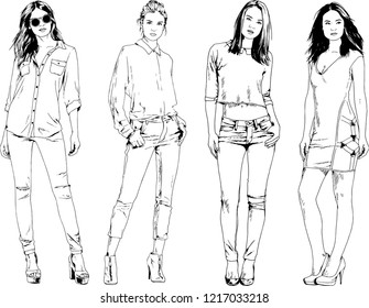 vector drawings on the theme of beautiful slim sporty girl in casual clothes in various poses painted ink hand sketch with no background