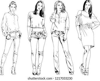 vector drawings on the theme of beautiful slim sporty girl in casual clothes in various poses painted ink hand sketch with no background