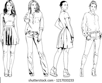 vector drawings on the theme of beautiful slim sporty girl in casual clothes in various poses painted ink hand sketch with no background