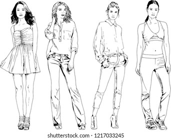 vector drawings on the theme of beautiful slim sporty girl in casual clothes in various poses painted ink hand sketch with no background