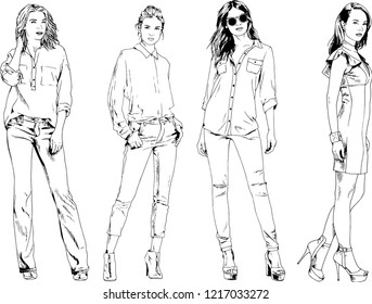 vector drawings on the theme of beautiful slim sporty girl in casual clothes in various poses painted ink hand sketch with no background