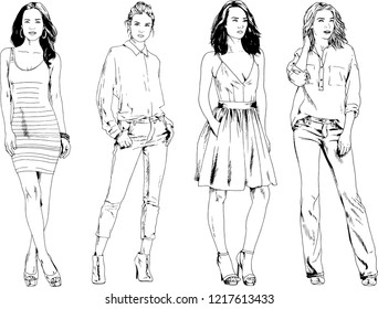 vector drawings on the theme of beautiful slim sporty girl in casual clothes in various poses painted ink hand sketch with no background
