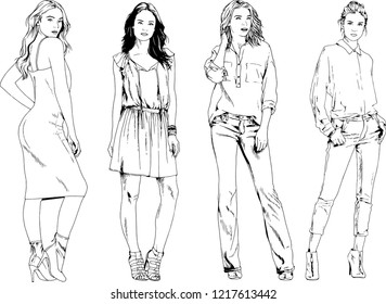 vector drawings on the theme of beautiful slim sporty girl in casual clothes in various poses painted ink hand sketch with no background
