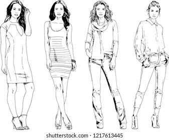 vector drawings on the theme of beautiful slim sporty girl in casual clothes in various poses painted ink hand sketch with no background

