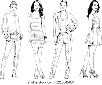 vector drawings on the theme of beautiful slim sporty girl in casual clothes in various poses painted ink hand sketch with no background