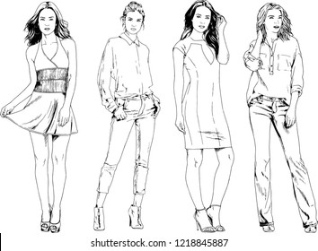 vector drawings on the theme of beautiful slim sporty girl in casual clothes in various poses painted ink hand sketch with no background