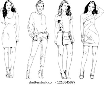 vector drawings on the theme of beautiful slim sporty girl in casual clothes in various poses painted ink hand sketch with no background