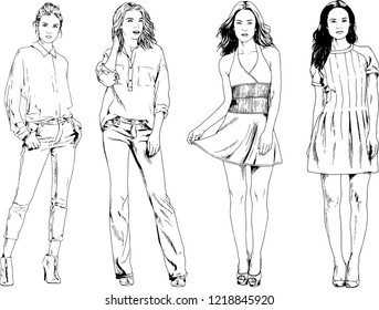 vector drawings on the theme of beautiful slim sporty girl in casual clothes in various poses painted ink hand sketch with no background