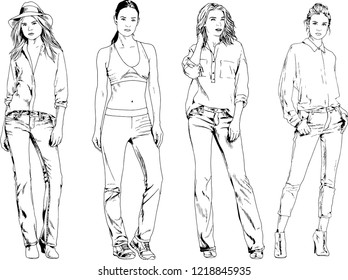 vector drawings on the theme of beautiful slim sporty girl in casual clothes in various poses painted ink hand sketch with no background