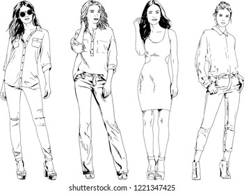 vector drawings on the theme of beautiful slim sporty girl in casual clothes in various poses painted ink hand sketch with no background