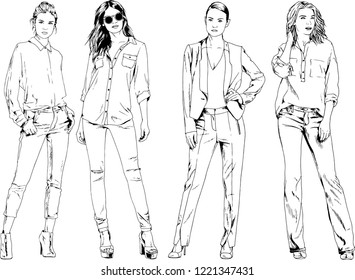 vector drawings on the theme of beautiful slim sporty girl in casual clothes in various poses painted ink hand sketch with no background