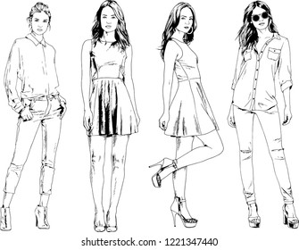vector drawings on the theme of beautiful slim sporty girl in casual clothes in various poses painted ink hand sketch with no background