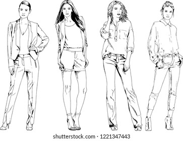 vector drawings on the theme of beautiful slim sporty girl in casual clothes in various poses painted ink hand sketch with no background