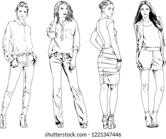 vector drawings on the theme of beautiful slim sporty girl in casual clothes in various poses painted ink hand sketch with no background